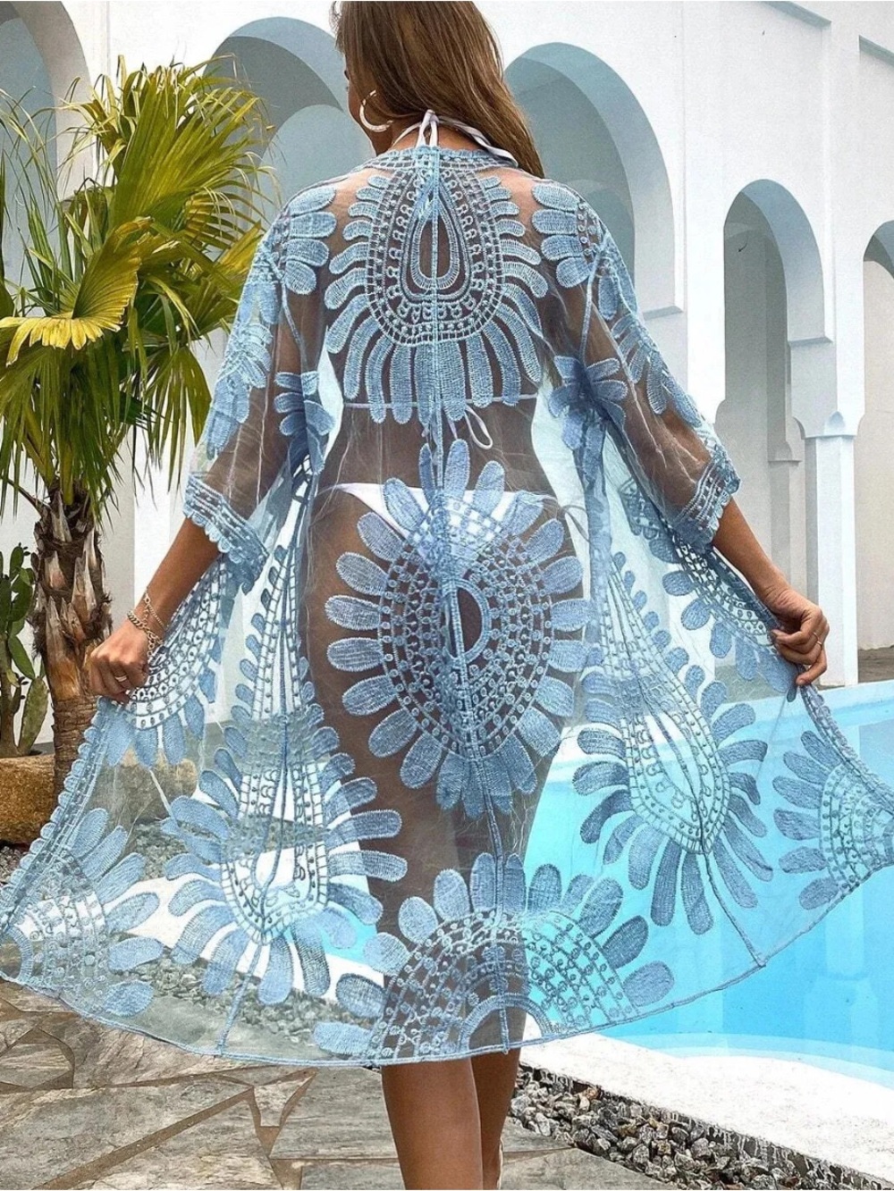 OS blue tie front kimono duster lace embroidered